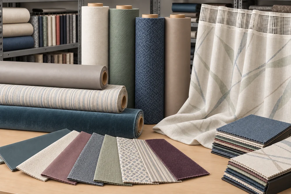 Rolls and swatches of upholstery, vinyl and privacy curtain fabrics