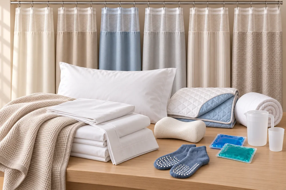 Privacy curtains, sheets, pillows, mattress pads and patient care items