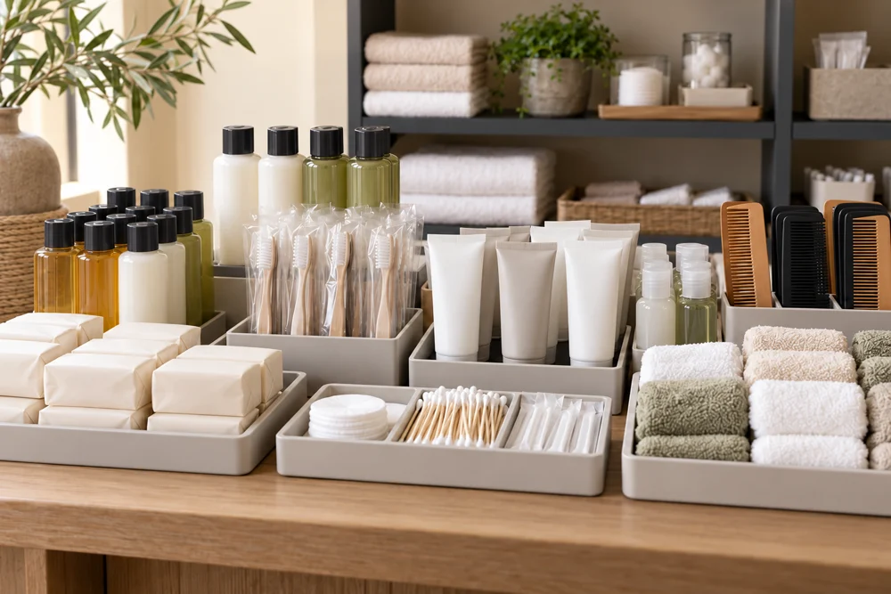 Soap, toothbrushes, lotions and washcloths