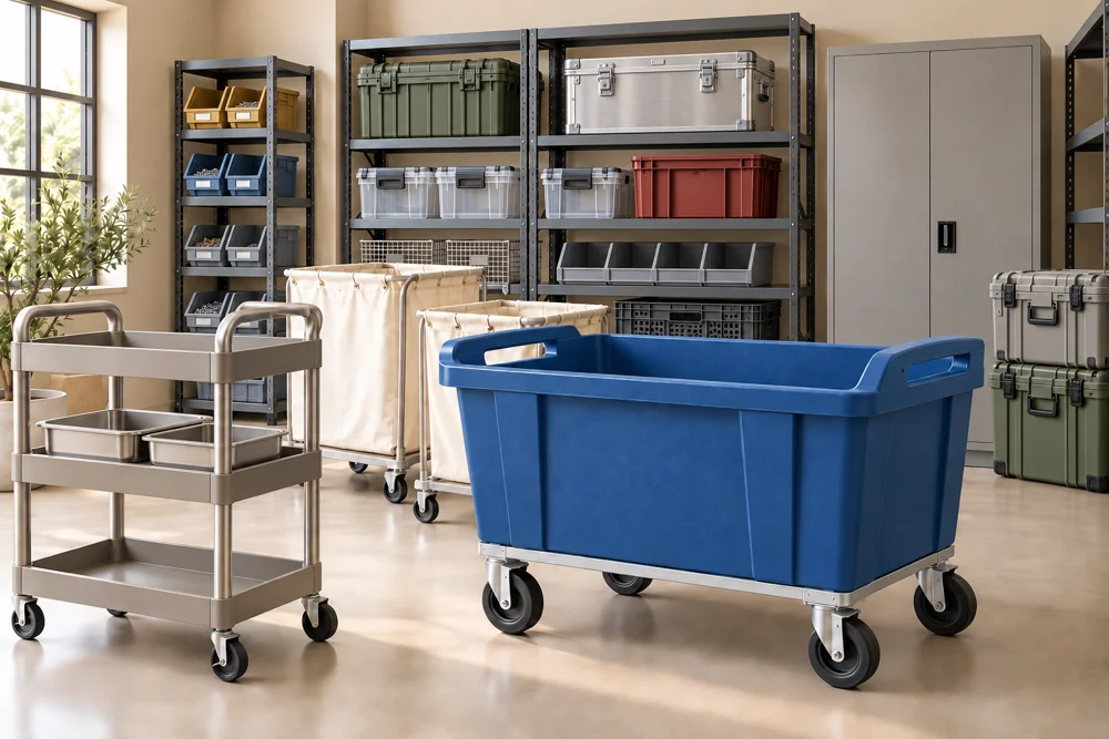 Utility cart, bin truck, laundry carts, bins, shelving and a storage cabinet