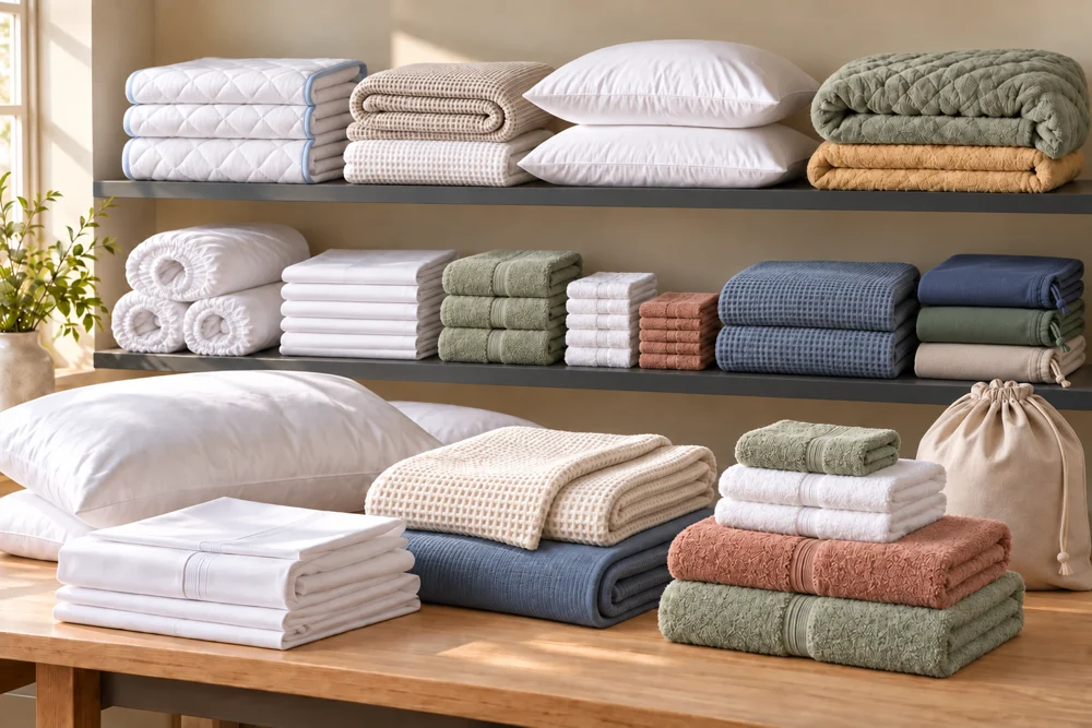 Folded sheets, towels, blankets and pillows on shelving