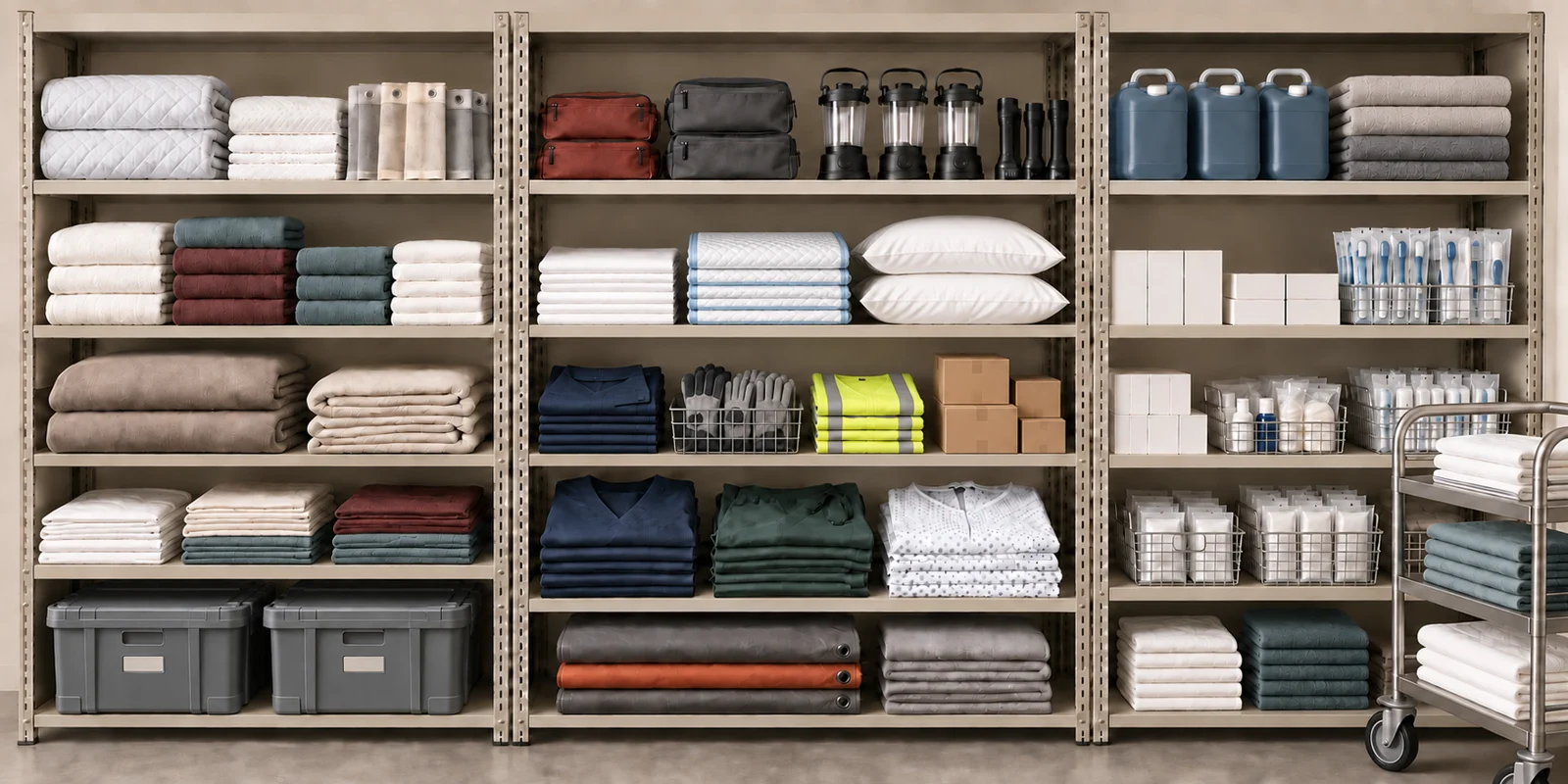 Shelving stocked with linens, towels, scrubs, patient gowns, safety vests, gloves, lanterns, water containers, tarps and hygiene supplies